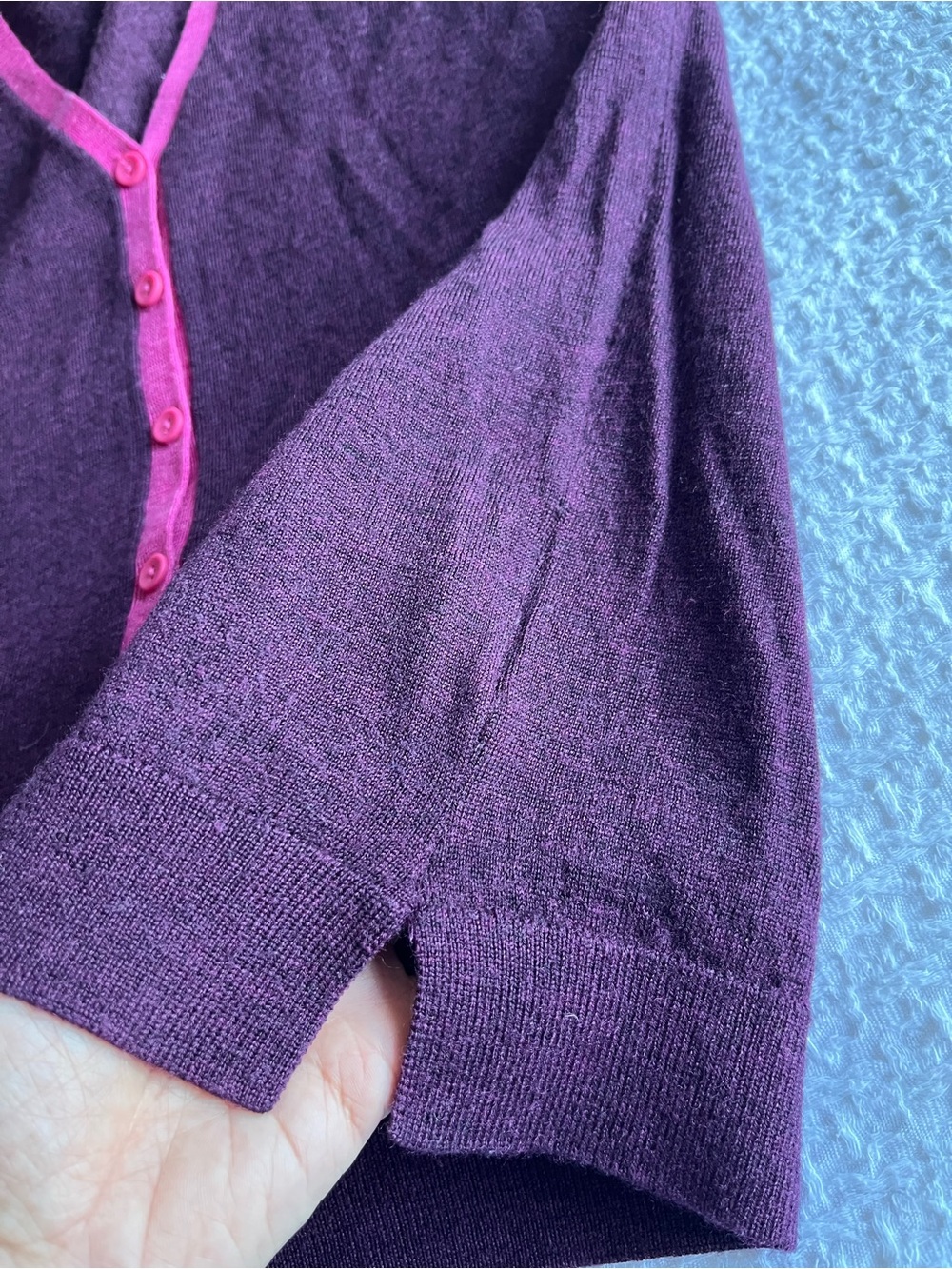 Clements Ribeiro POP Colorblock Woolmark Merino Wool Cardigan Size M Plum - Picture 10 of 12